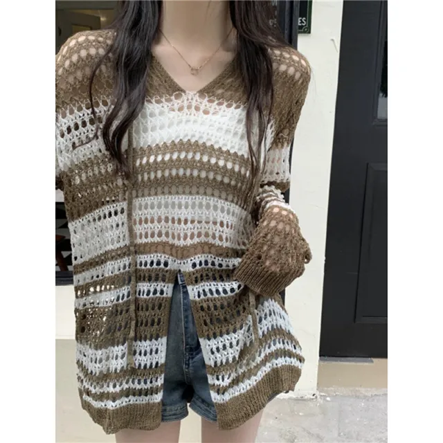 Split Knitted Thin Sweater Women See Through Pullover Loose Hollow Out JumpK_