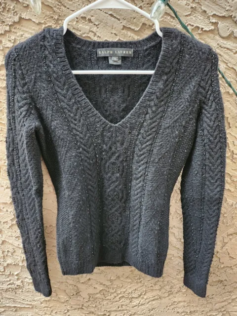 Ralph Lauren Black Label Sweater Wool Cashmere Black Sequin V Neck Cable Knit XS