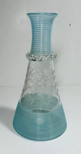 Vintage Stourbridge? Glass Blue Trail Decorated Spill Vase Etched Flowers Italy?