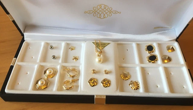 Nine Pairs Of Assorted Boxed Gold And Silver Tone Ear Studs & Faux Pearl Chain