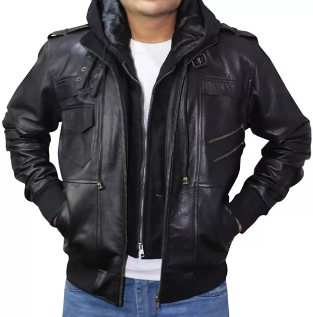 MEN'S BLACK FASHIONABLE Leather Jacket NEW Hooded Genuine NAPA Pure ...