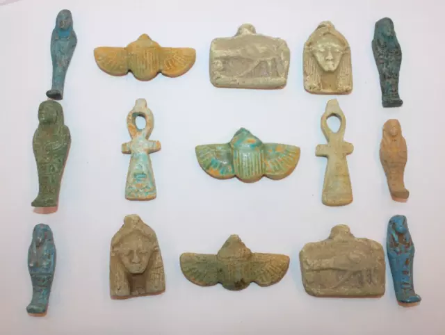 COLLECTION de 15 RARES ANCIENNES Amulettes PHARAONIQUES ÉGYPTIENNES...