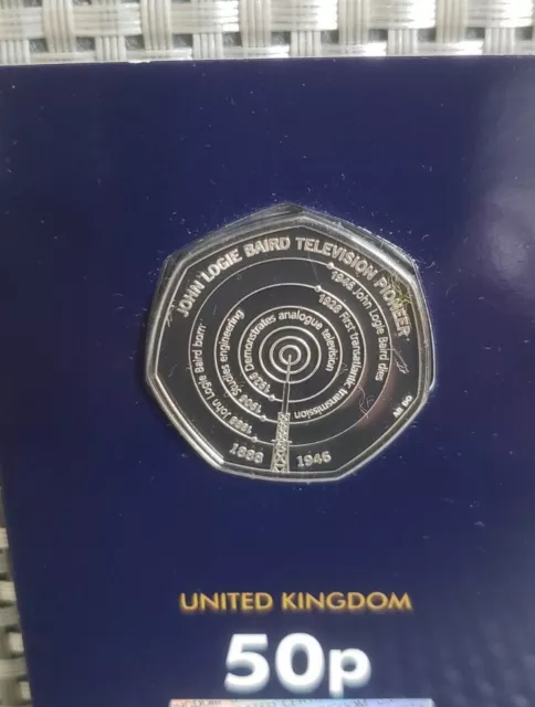 2021 John Logie Baird TV Pioneer 50p Münze in blauer Karte BUNC NEU