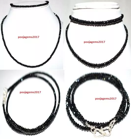 925 Sterling Silver Necklace Natural Black Spinel 4 mm Round Faceted Beads