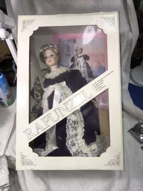 NIB Vintage Rapunzel 16” Porcelain Doll, Stand & Castle by Duck House
