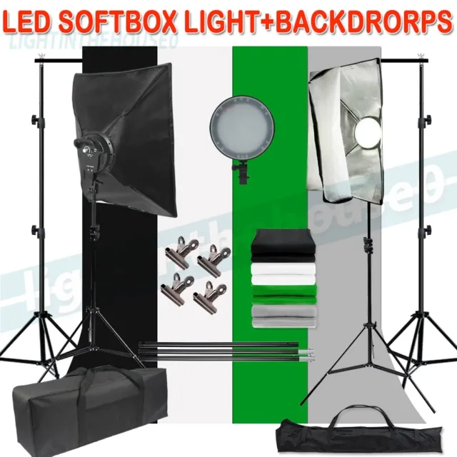Photography Dimmable LED Softbox Lighting Kit Photo Studio 4 Backdrops Stand Set