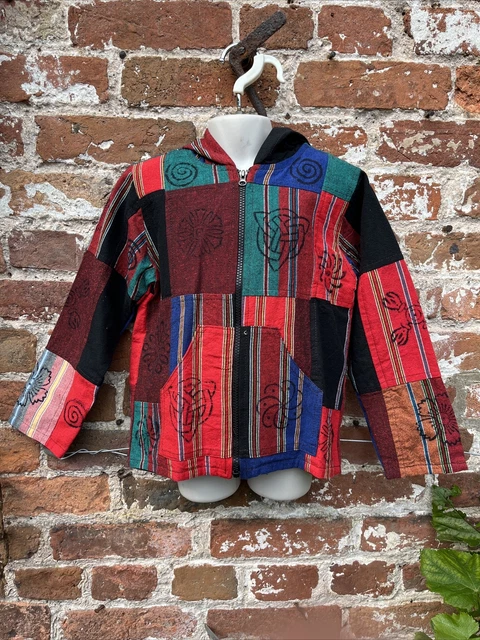 Felpa con cappuccio/giacca in cotone patchwork cappotto hippie/boho/festival 5-6 anni