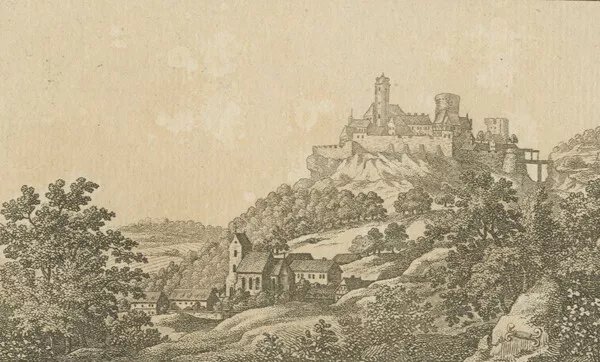 GÖTTINGEN - Gesamtansicht Plesse 1600 - Stammbuchblätter - Kupferstich um 1820