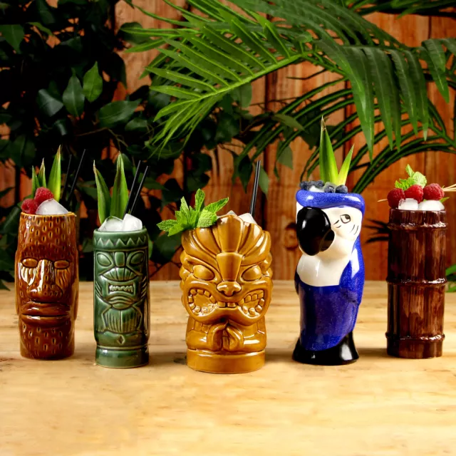 Ceramic Luau Tiki Party Pack - Set of 5 - Ceramic Cocktail Mugs