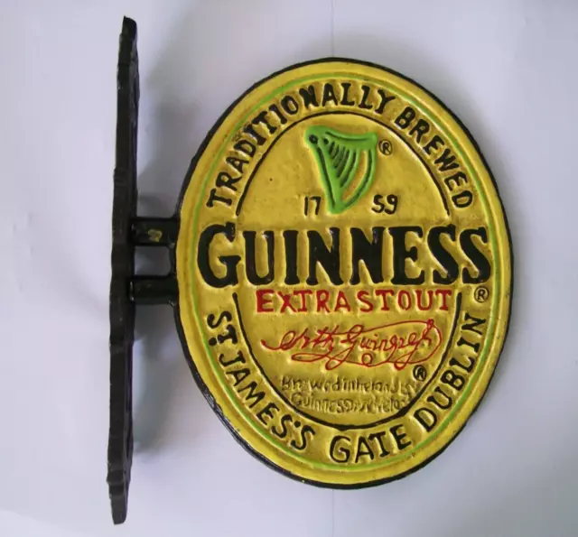 Nice Double Sided Wall Mounted Cast Iron Guinness Sign Hand Painted Pub Bar