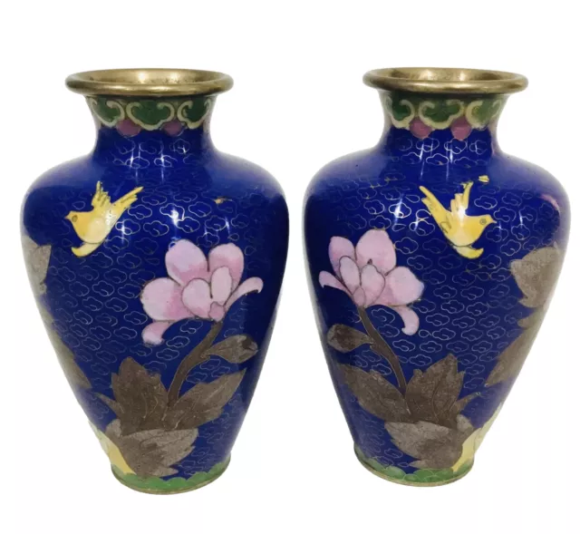 VTG Pair Chinese Cloisonné Brass Vase Cobalt Blue Pink Flower Yellow Bird 5x3