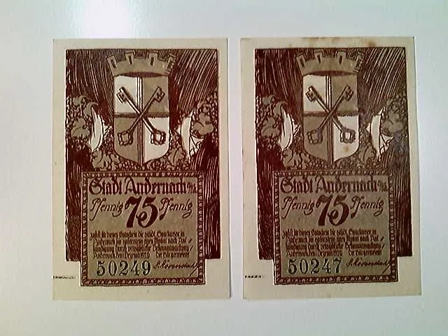 Notgeld Stadt Andernach, 2x 75 Pfennig, 1920