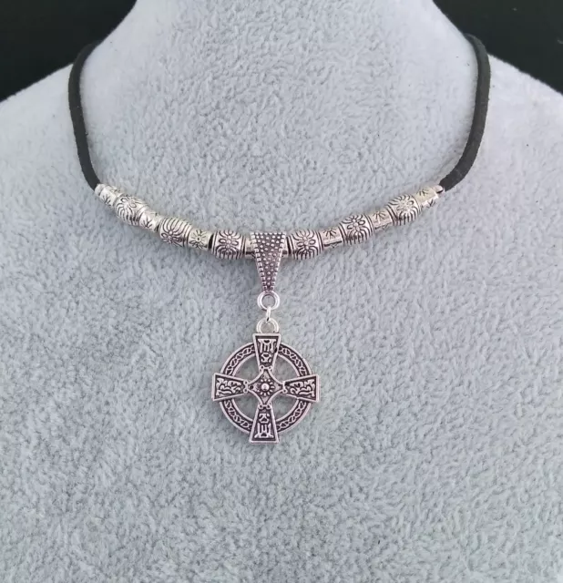 Tibetan Silver Celtic Cross Pendant. Black Leather  Bead Necklace. Handmade