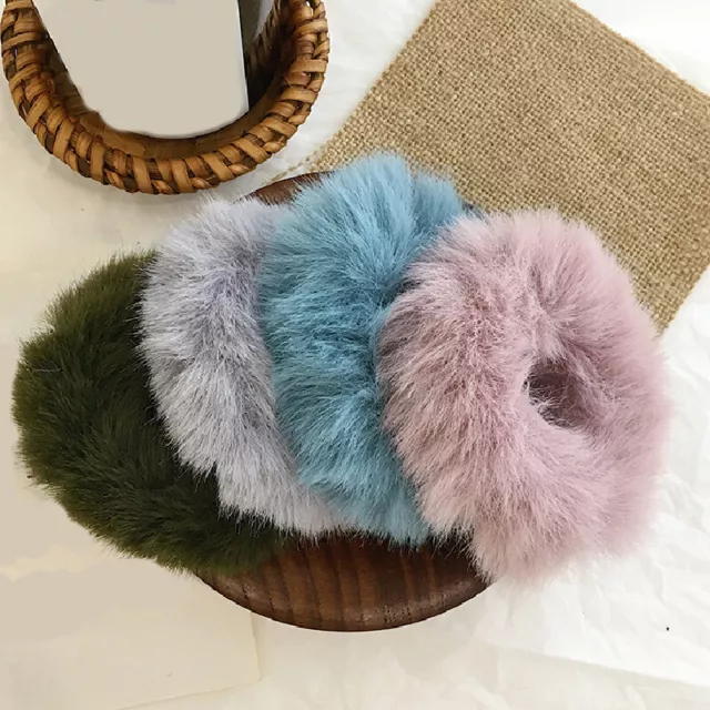 1PCS Women Soft Faux Rabbit Fur Scrunchie Plush Hair Rope Rubber Ponytail Bands+