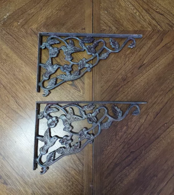 Old ARCHITECTURAL SALVAGE Cast Iron Shelf Brackets Hummingbird Floral Leaves