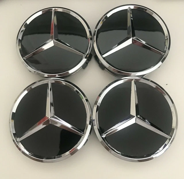 LOT DE 4 Logo Emblème Mercedes Cache Moyeu Centre De Roue Noir Brillant ...