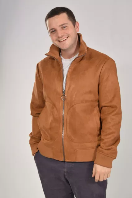 TOPMAN Mens Faux Suede Jacket Tan Camel Bomber Varsity Jacket Zip Front Lined