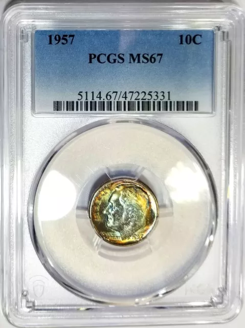 1957 Roosevelt Dime PCGS MS 67 Excellent Rainbow Color Toned High MS