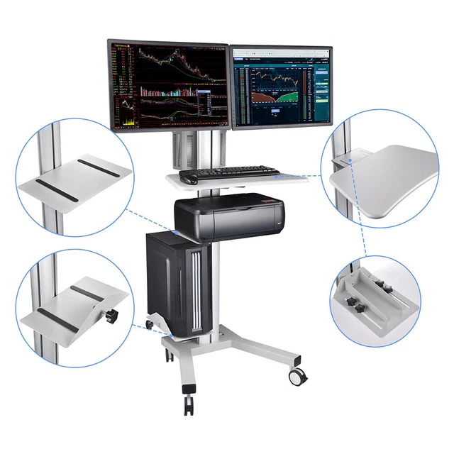 Mobile PC Cart Dual Monitor Rolling Computer Desk w/ Keyboard Printer CPU Holder