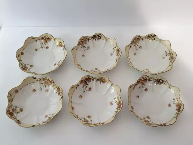 6 Antique Nippon Bone China Hand Painted Gold Dessert Bowls Scalloped Edge 5.25"