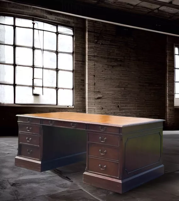 Very Large Vintage Reproduction Kneehole Boardroom Mahogany Pedestal Desk 2