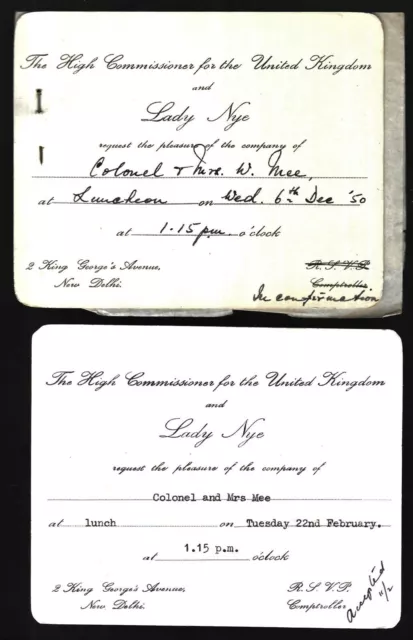 1950 Invitations High Commissioner United Kingdom & Lady Nye New Delhi India Lot