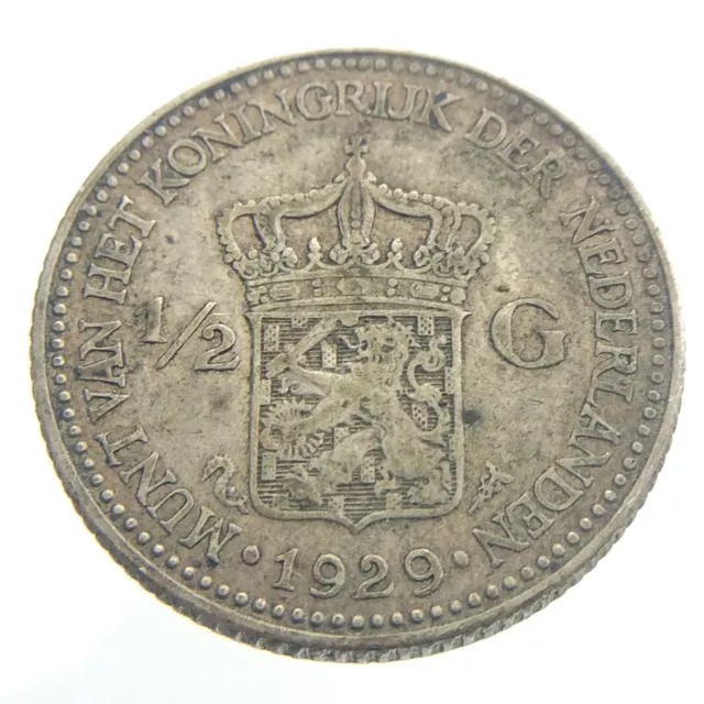 1929 Netherlands Half 1/2 Gulden Circulated Silver KM 160 Coin T360