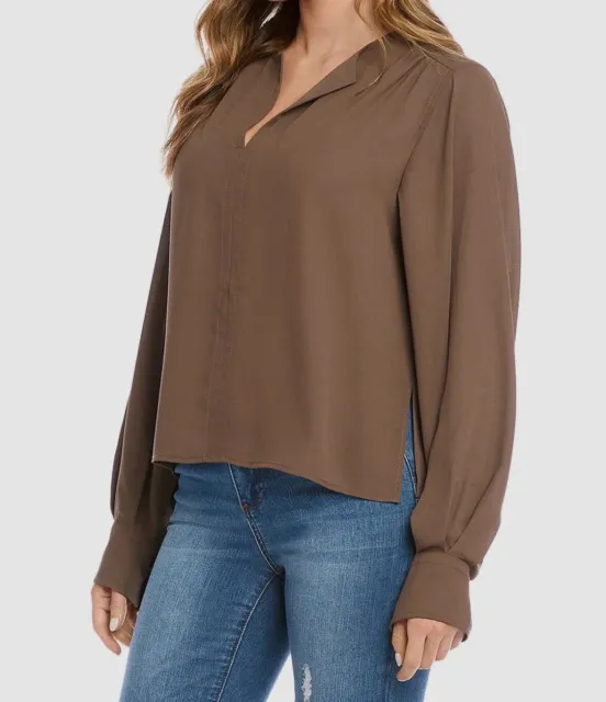 $108 KAREN KANE Women's Brown Split Neck Long Sleeve Blouse Top Size S ...