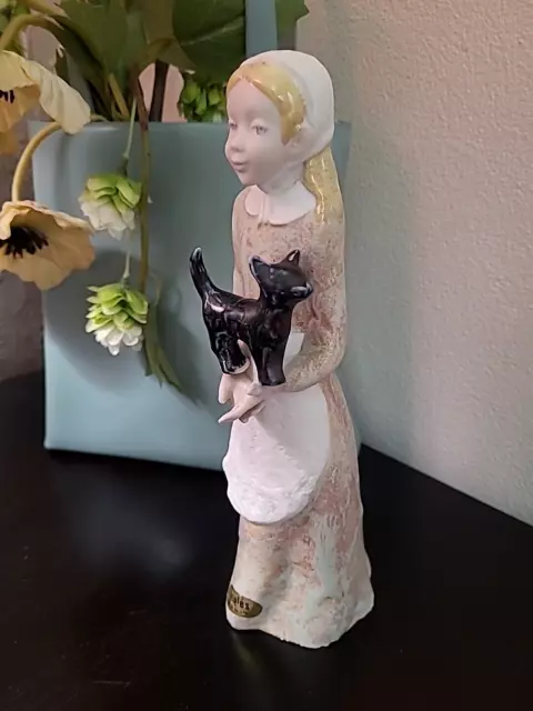 Rare Vintage Porcelain INGLÉS  Spanish Gres Girl with Black Cat Figurine 🐈‍⬛️