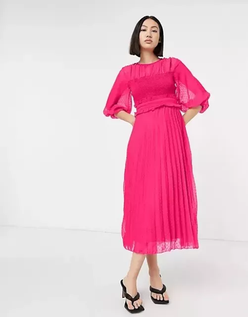 NWOT ASOS DESIGN textured pleated shirred midi dress in hot pink size 2