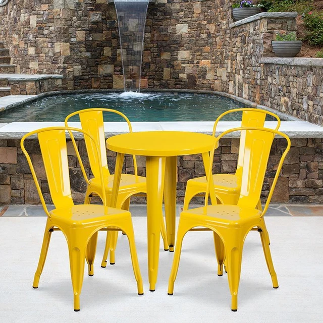 Commercial Grade 24" Round Yellow Metal Indoor/Outdoor Table Set w/4 Cafe Chairs