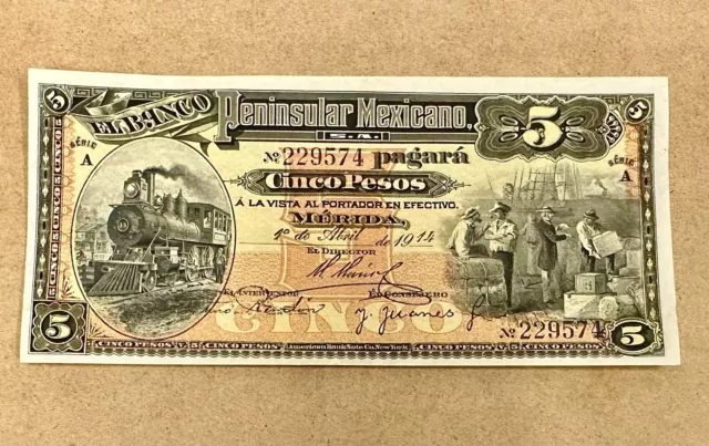 1914 Mexico 5 Pesos El Banco Peninsular Mexicano PQ UNC- High Grade | Gradable!