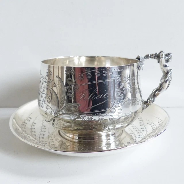 LARGE ANTIQUE FRENCH STERLING SILVER FIGURAL CHOCOLATE TEA CUP & SAUCER 372 gr