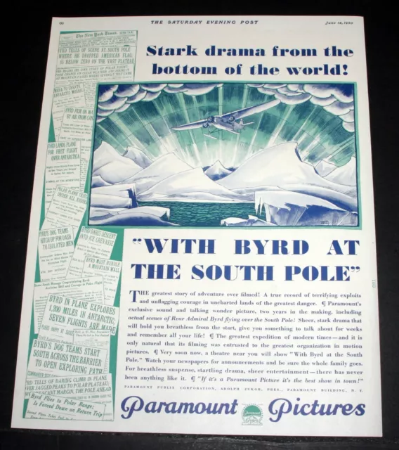 1930 Old Magazine Print Ad, Paramount Pictures "With Byrd At The South Pole"!