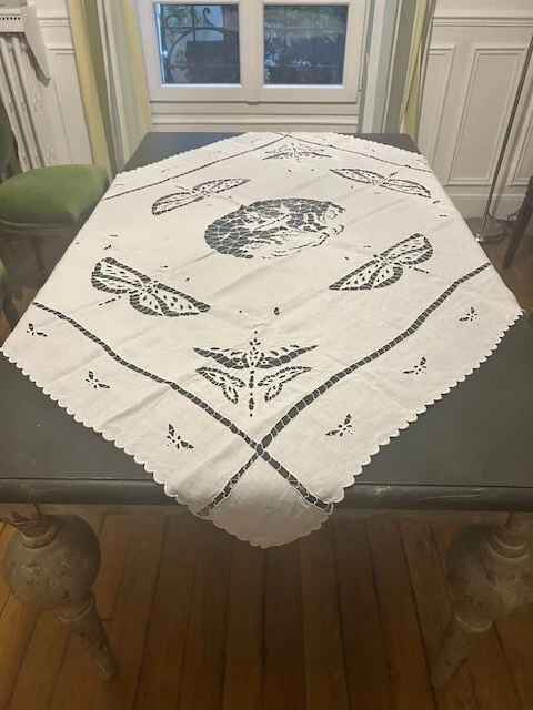 Nappe Ancienne Brodée Main 165x265 + 12 Serviettes - Métis Blanc