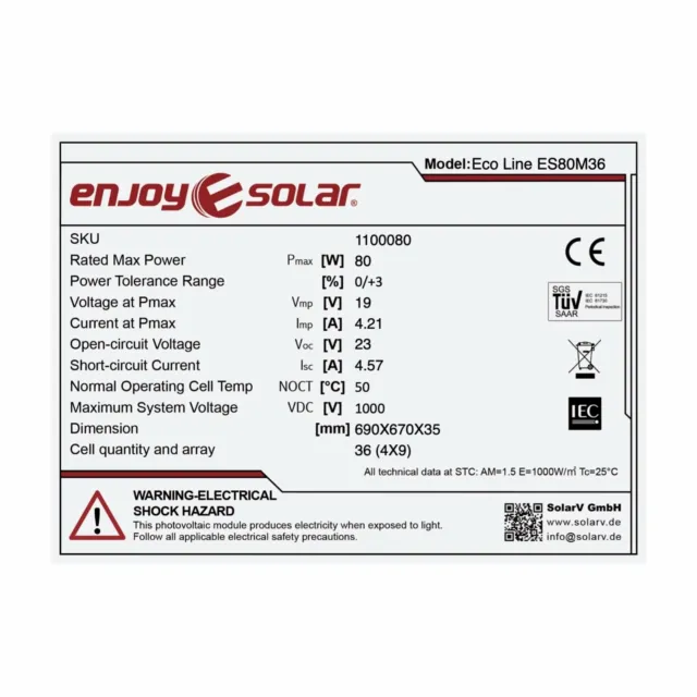 Enjoy solar Mono 80 W 12V Panneau solaire monocristallin idéal pour camping-car.