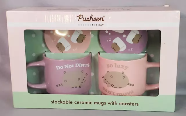 Pusheen the Cat Ceramic Stackable Mugs with Coasters Culture Fly Purple Pink