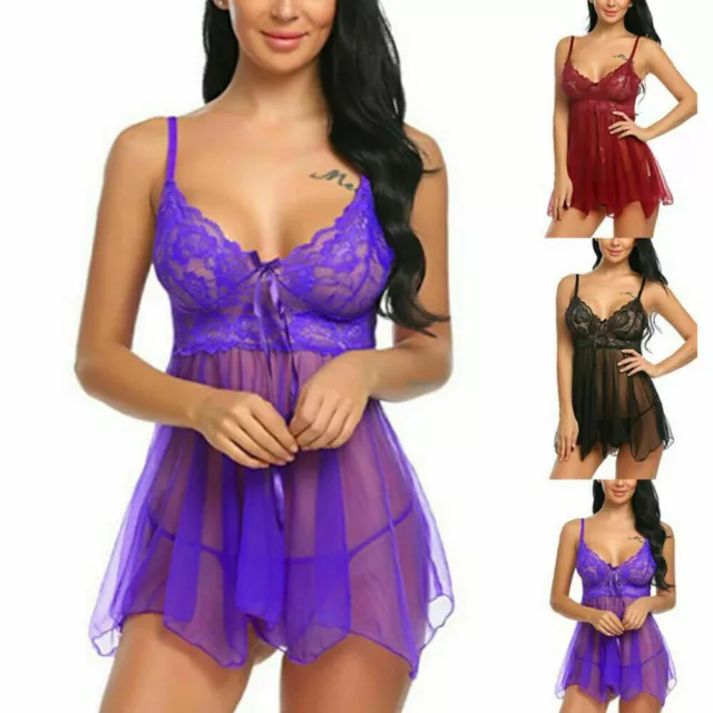 Womens Lace Lingerie Babydoll G-String Underwear Sexy Sleepwear Dress Nightdress