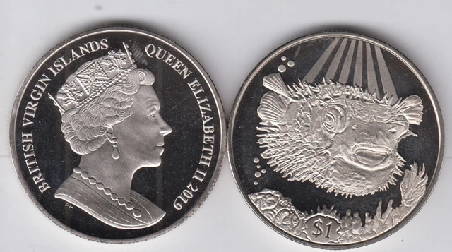 BRITISH VIRGIN ISLANDS $1 2019 Cu Ni Crown, Porcupine Fish