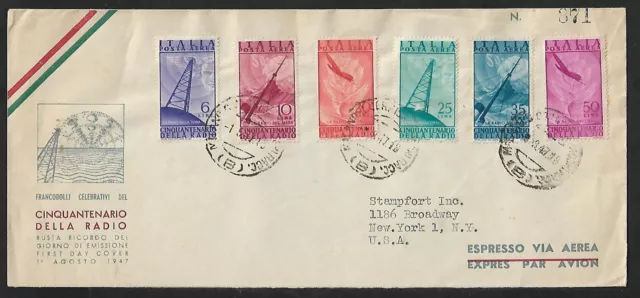 Italy To Us Fdc Air Mail Commemorative Radio Stamps On Cover 1947