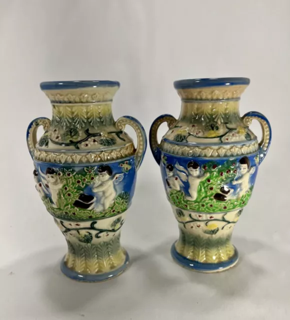 Vintage Japanese Double Handled 3D Porcelain Vases ( PAIR ) with Cherubs, 7”Tall