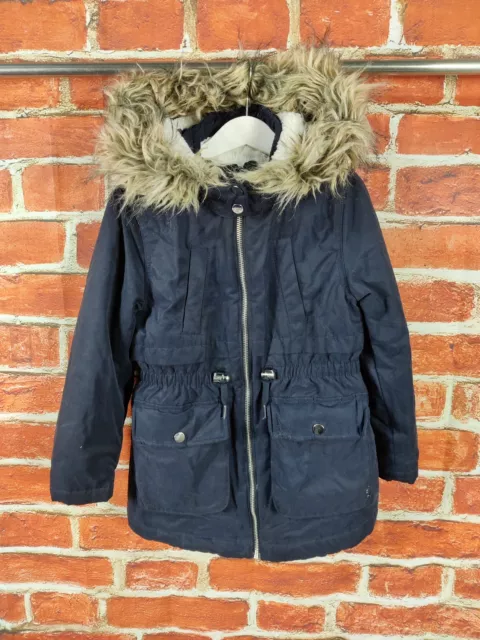 Girls H&M Coat Age 6-7 Years Navy Blue Padded Parka Jacket Faux Fur Hood 122Cm