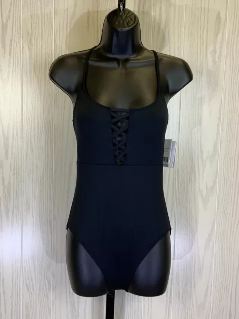 La Blanca Island Goddess Lace Up Swimsuit, Women's Size 4, Black NEW MSRP $132