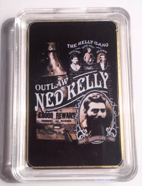 NED KELLY Australian Outlaw Colour Printed 999 24k Gold Plated Ingot, Gift #20