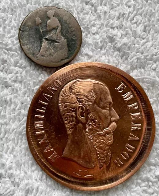 1866 Mexico 1 peso Maximiliano 1866 MEDAL 1/8 R JALISCO 1861 COPPER LOT 2 1866 Mexico 1 peso Maximiliano 1866 MEDAL 1/8 R JALISCO 1861 COPPER LOT 2