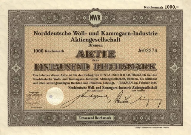 Bremer Woll & Kammgarn-Industrie – Aktie über 1.000 RM – BREMEN, 1934