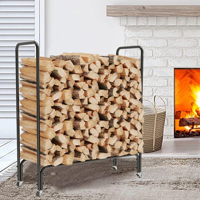 Portable Mobile Firewood Log Wood Rack Storage Holder Metal Stand Indoor Outdoor