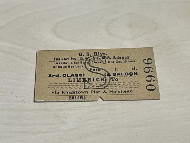 Vintage G.S. Railway Ticket Limerick to Blank 3rd Class & Saloon