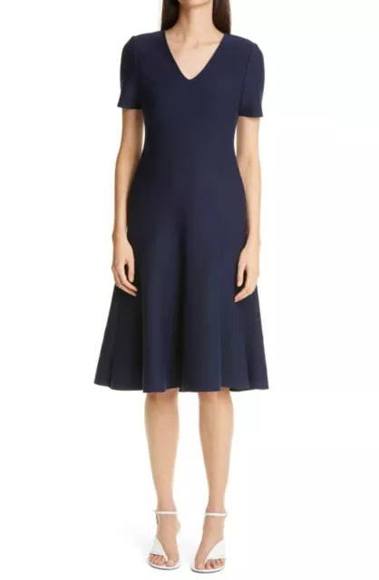 ST. JOHN Milano Knit V-neck Short-sleeve Dress In Navy SIZE 6