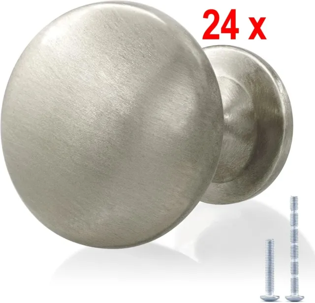 24 Pk Brushed Nickel Cabinet Knobs Round Solid Zinc Alloy Silver Dresser Drawer